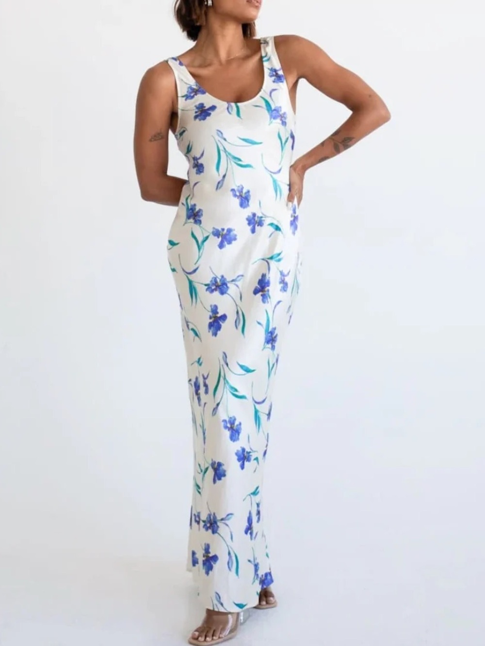 Rumored White Maxi Dress with Blue Floral Print